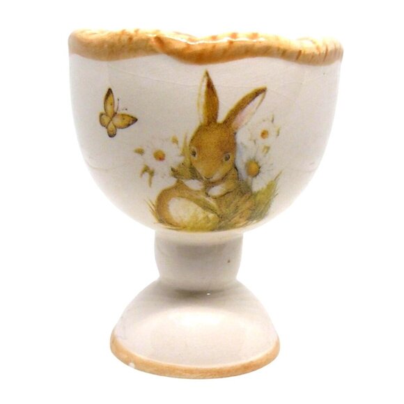 Susan Winget 10 Ceramic Bunny & Butterfly Egg Cup Holder 2.5"x3" White & Tan Vtg - Picture 1 of 4